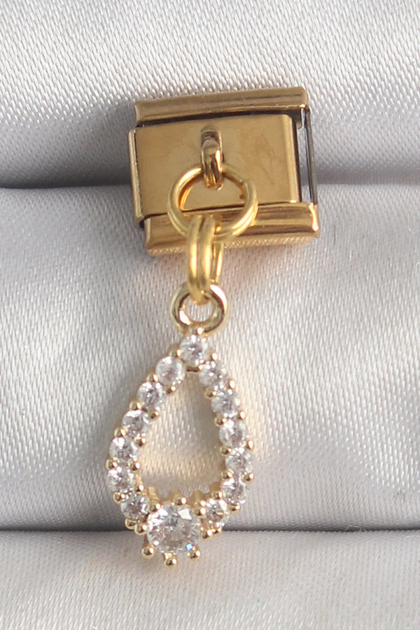 316L Çelik Gold Renk Sallantı Zirkon Taşlı Damla Model Nomination Charm