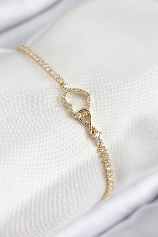 Pirinç Zirkon Taşlı Sonsuzluk Kalp Model Gold Renk Kadın Bileklik