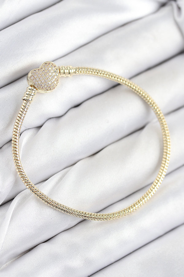 Pirinç Charm Zirkon Taşlı Kalp Model Gold Renk Kadın Bileklik