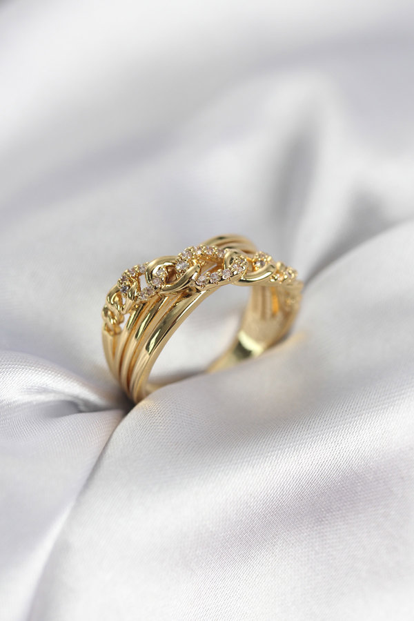 Gold Renk Zirkon Taşlı Zincir Model Kadın Yüzük