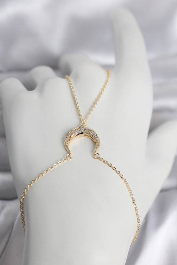 Pirinç Gold Renk Hilal Model Zirkon Taşlı Kadın Şahmeran