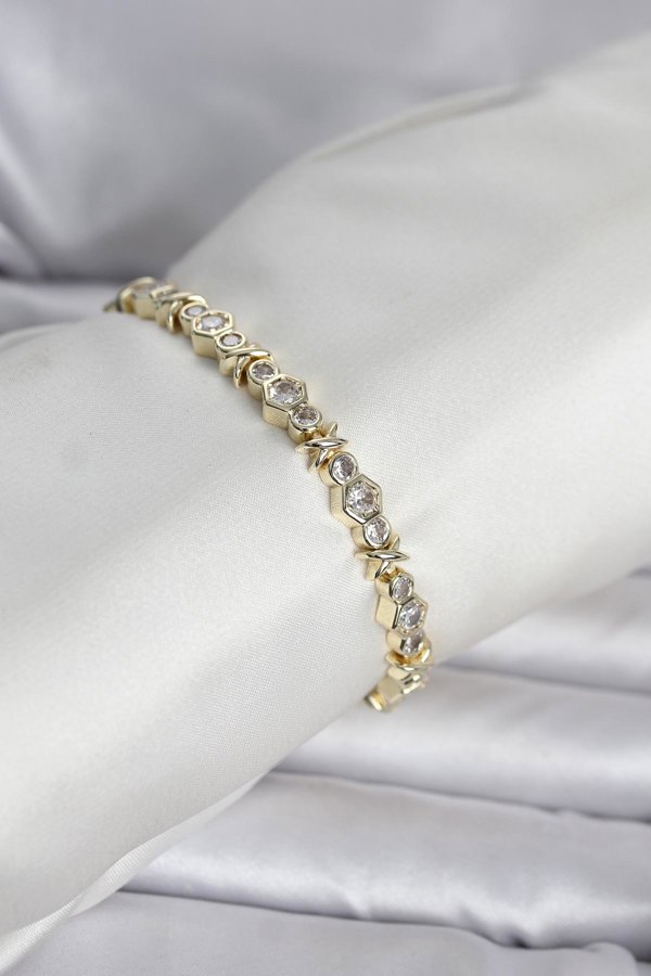 Pirinç Gold Renk Petek Model Zirkon Taşlı Kadın Bileklik