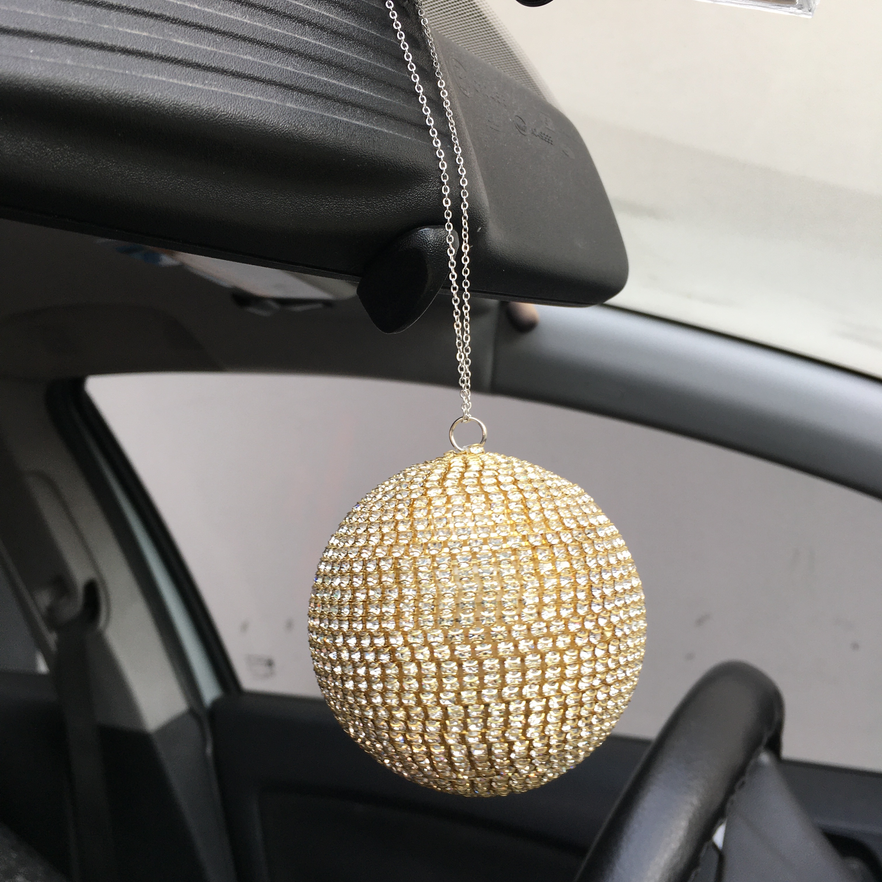 Kristal Taşlı Disko Topu Dikiz Ayna Süsü Büyük 8cm Altın